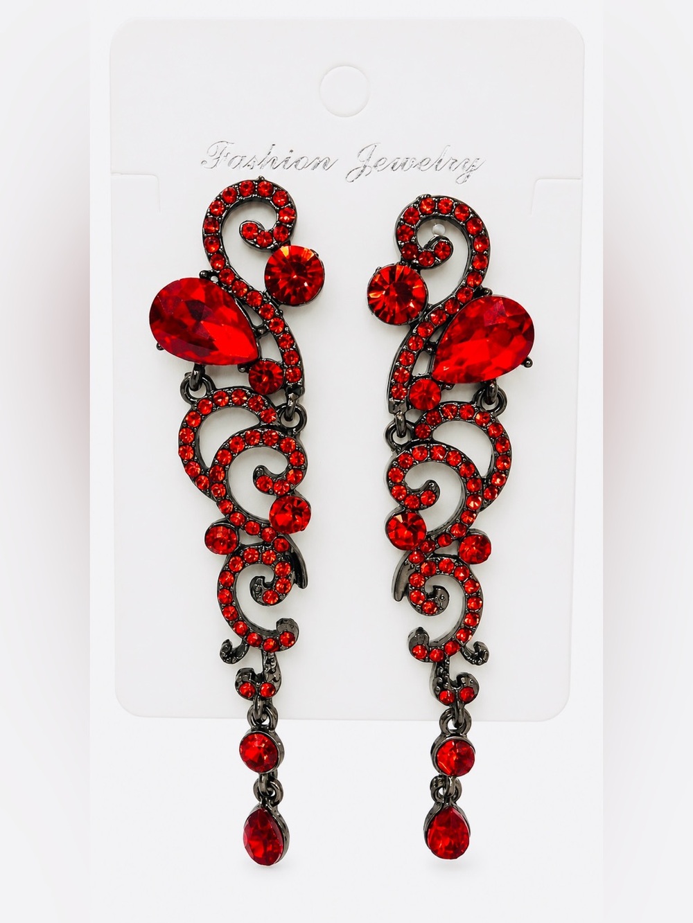 Red Rhinestone Baroque Chandelier Earrings Gothic Scroll Dangle Statement NEW - Picture 3 of 6